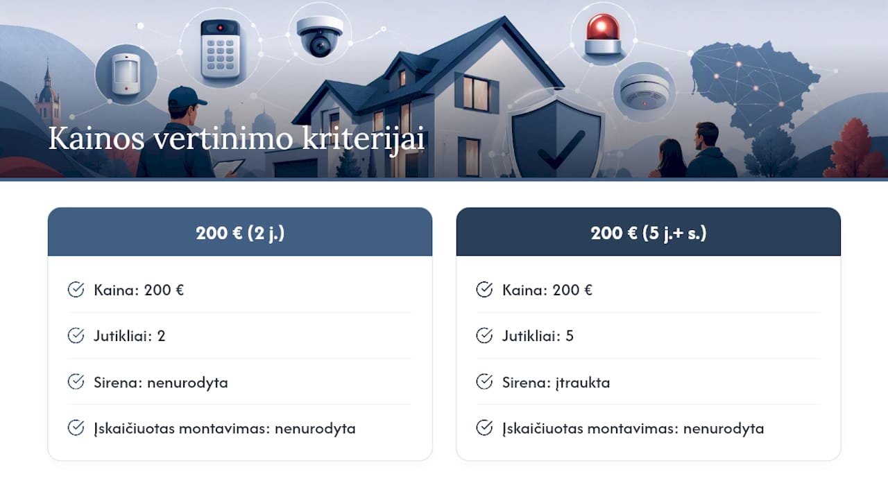 Signalizacijos kainos sudedamųjų dalių ir palyginimų diagrama