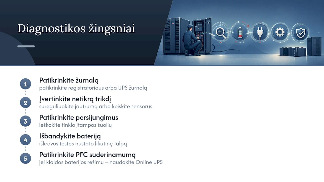 Kaip diagnozuoti tipines UPS gedimų priežastis — overview diagram