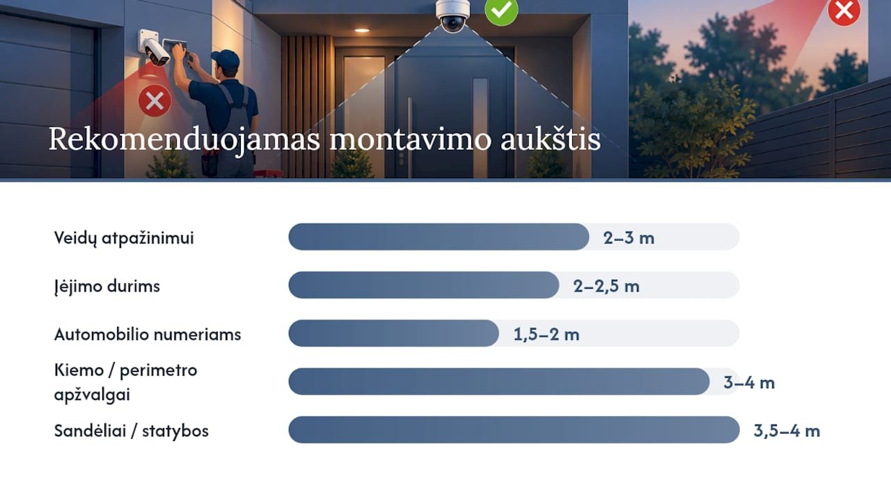 Kamerų vieta, aukštis ir matymo kampai: kaip išvengti aklųjų zonų — overview diagram